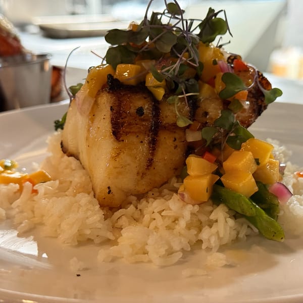 Grilled fish with mango salsa and microgreens, served over white rice on a white plate.